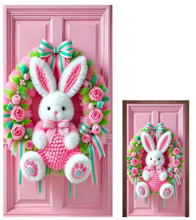Copriporta Primaverile - Bandiera decorativa con coniglio per sfondo 89,9x179,8 cm - Addobbi pasquali per feste,Per esterno, giardino, feste, garage, aula, home office, parete del portico