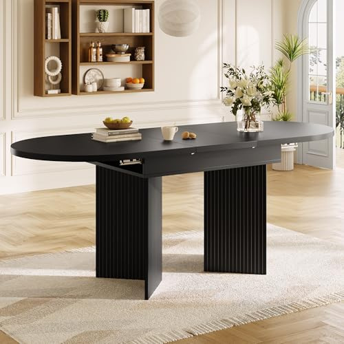 Httcg Runder Esstisch Ausziehbar Kuchentisch mit Dreieckige Tischbeine für 4-6 Personen, Esszimmertische Tisch Ausziehbar mit Flexibles Design, Esstisch Oval Küchenmöbel, 120-160x80x75 cm, Schwarz