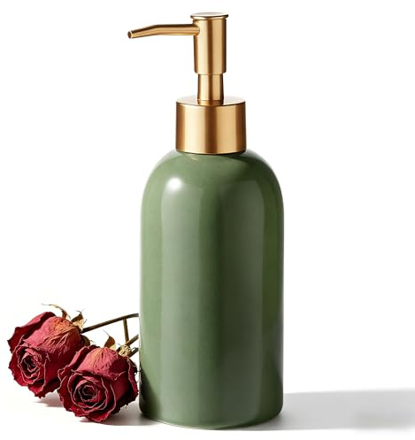 Hejo 350ml Seifenspender Keramik mit Goldpumpe, Nachfüllbarer Seifenspender Bad, Praktischer Spülmittelspender Küche - für Handseife, Lotion, Waschküche, Badezimmer & Küche (Grün)