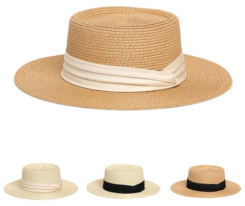 Générique Chapeau Canotier en Paille, Ruban Noir, Taille Unique, Cadeau Invité Mariage, Homme et Femme