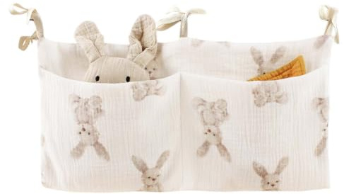 IEBTAWN 1 Pièce - Rangement Bébé Lit Suspendu Double Poche en 100% Coton - Organisateur de Lit Bébé pour Couches, Lingettes, Jouets - Dimensions 39 x 20 cm
