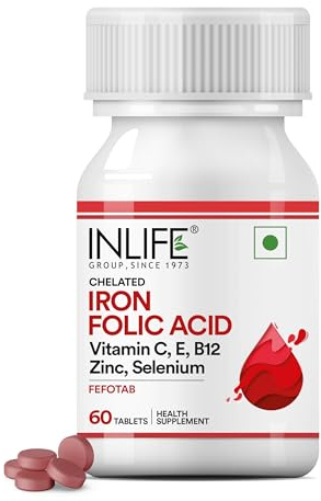 INLIFE Chelated Iron Folic Acid Supplement with Vitamin C, E, B12, Zinc & Selenium for Men Women - 60 Tablets