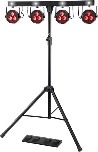 Showlite LB-4390 LED Licht Komplettanlage RGB, mit Wireless Fußschalter (Tri-LED PAR Spots, weiße Strobe-Spots, DMX512, Funk-Fußpedal, LCD-Display, Mikrofon, T-Bar, Stativ, Taschen)