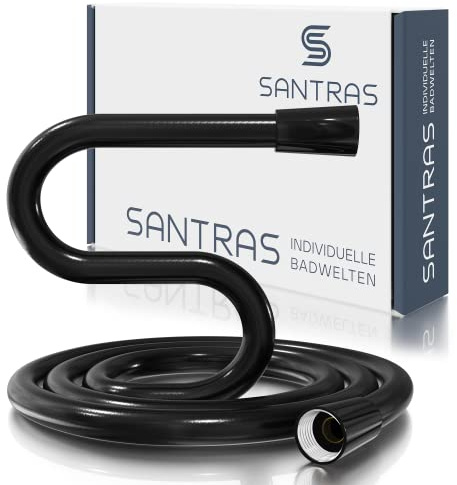 SANTRAS® Duschschlauch 2m aus Kunststoff in Schwarz (RAL 9005) inkl. Dichtungen - Brauseschlauch mit Verdrehschutz & Knickschutz - Standard Anschluss & Trinkwassergeprüft für Dusche und Badewanne