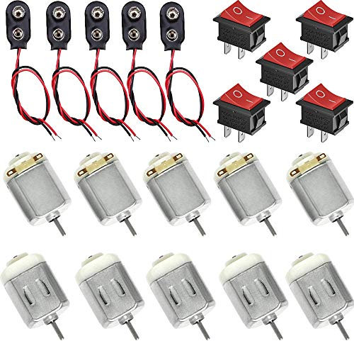 RUNCCI-YUN 10 pcs Micro DC Motors Kit,DC 1.5-6V DC Motor,130 DC Motor 5pcs 9V battery connector 5pcs ON/Off Toggle Switch for DIY Science Projects