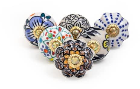 Bouton meuble Bouton de tiroir Poignee de porte en céramique, paquet de 6 Poignees de porte à motifs floraux Vintage Inde a la main Assorted, pour portes, tiroirs, armoires et porte a battants