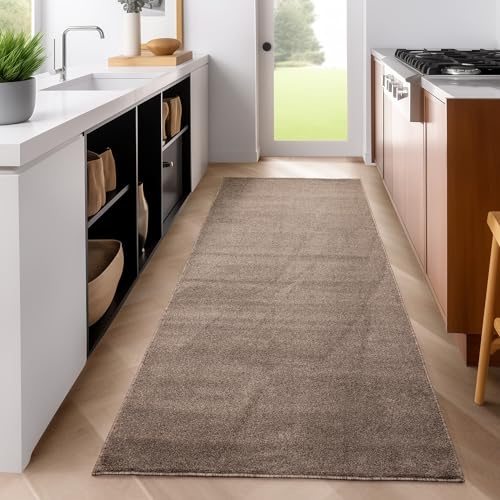 SIMPEX Läufer Teppich 80x250 cm Braun, Kurzflor, Einfarbig, Modernes Design, Rechteckig, Pflegeleicht, Rutschhemmend, Flurmatte für Küche, Korridor, Eingang