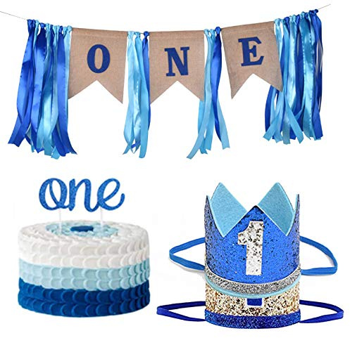 Samantha Baby Boy ersten Geburtstag Dekorationen Hochstuhl Banner, Baby Boy 1. Geburtstag Dekorationen,Baby 1. Geburtstag Boy Dekorationen mit Krone, Birthday Party Supplies (Silber Und Königsblau)
