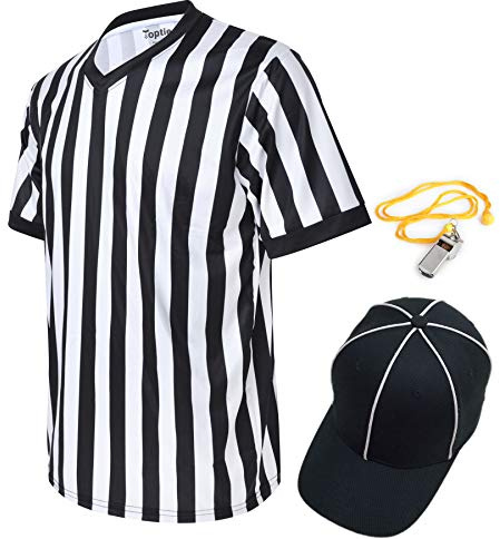 TopTie mäns officiella v-ringad domare skjorta set, officiell svartvit randig tröja hatt och metall visselpipa XL
