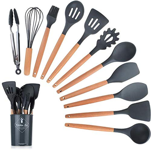 Geekcook Ensemble De Cuisine De Qualité,12 PCS Silicone Ustensiles de Cuisine Ensemble Cuisine Gadgets Outil De Cuisson Spatule Ustensiles De Cuisine Accessoires De Cuisine avec Seau De Stockage-Noir