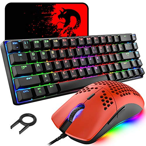 60% mechanische Gaming Tastatur, Blue Switch, Mini 68 Tasten, kabelgebunden USB C Beleuchtung Keyboard + leichte optische RGB-Maus mit 6400 DPI Gaming Maus + großes Mauspad für Gamer