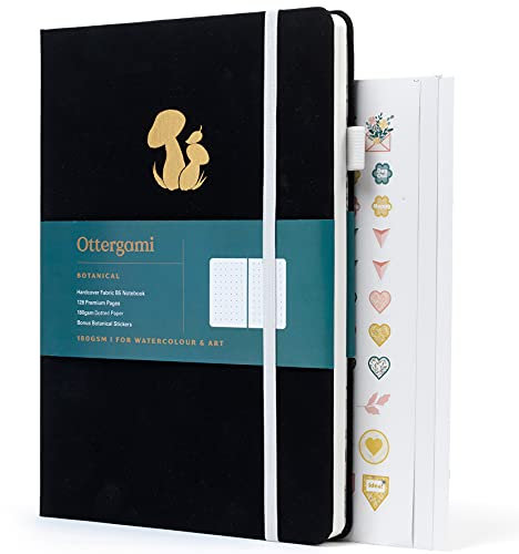 Bullet Journal Notizbuch gepunktet - Hochwertiges, sehr dickes Papier mit 180 g/m² und 128 Seiten - Botanical Notizbuch B5 dotted von Ottergami - Bulletjournal mit Punktraster, Stickern & Stoffeinband