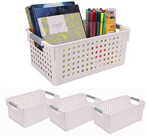 OVAKIA Plastic storage Boxes 3 Pack Storage Basket Home Organizer with Handles Shelf Baskets Cupboard Desktop Multi-Purpose Storage Boxes for Kitchen Bathroom office and Cabinet (Medium)