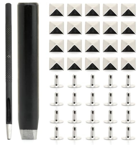 CRAFTMEMORE Pyramid Rivet Setter, Spike Rivet Setting Tool Kit, Hole Punch Cutter, 20 Pyramid Rivets in Silver (10 MM Setter)
