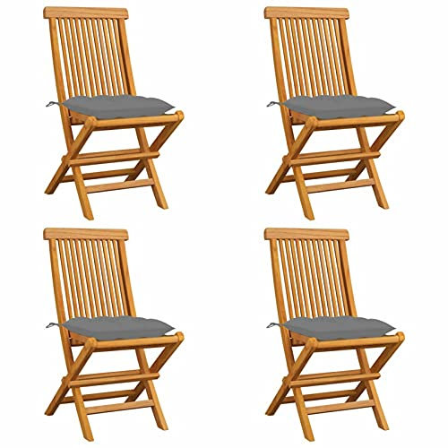 Tidyard 4X Gartenstuhl mit Grauen Kissen Klappstuhl Holzstuhl Balkonstuhl Terrassenstuhl Essstuhl Gartenmöbel Stuhl Stühle Teak Massiv