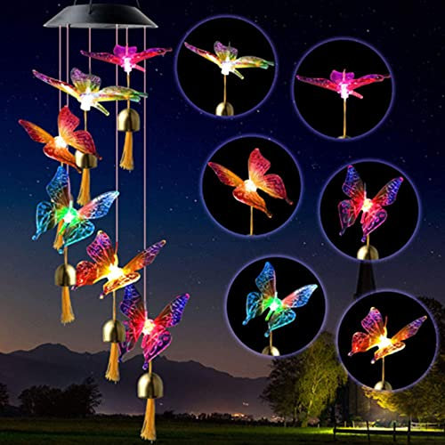 Carillon éolien solaire à LED à changement de couleur étanche pour jardin, terrasse, balcon, chambre, fête, cour, fenêtre (forme de papillon)