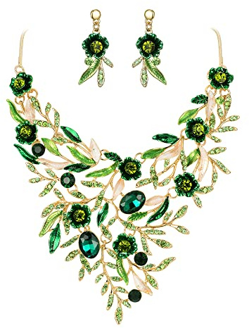 Clearine Parure de Bijoux Mariage Émail Cristal Fleur Longues Feuilles Collier Boucles d'Oreilles Fête Mariée Vert Ton d'or