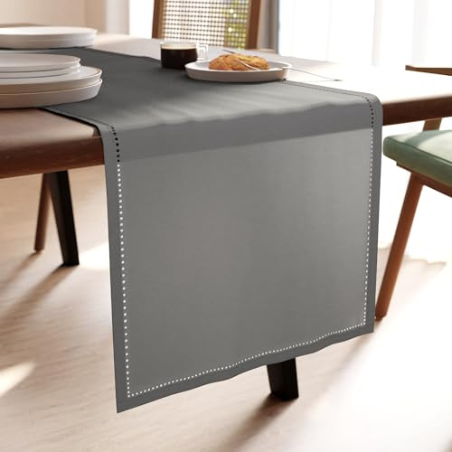 Encasa XO Tischläufer, Baumwolle, Hohlsaum, Modern 13x59 | Grau, 180 GSM | Maschinenwaschbar | Strapazierfähig | Esstisch & Outdoor | Rechteckig