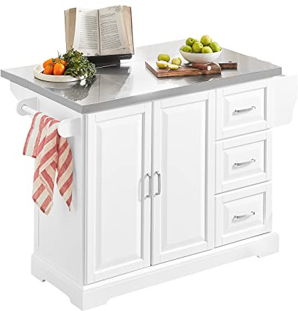 SoBuy Extendable Kitchen Island on Wheels Rolling Storage Trolley with Stainless Steel Worktop Storage Cabinet Sideboard for Kitchen Organisation W130 x D46/71 x H91cm White FKW41-II-ST