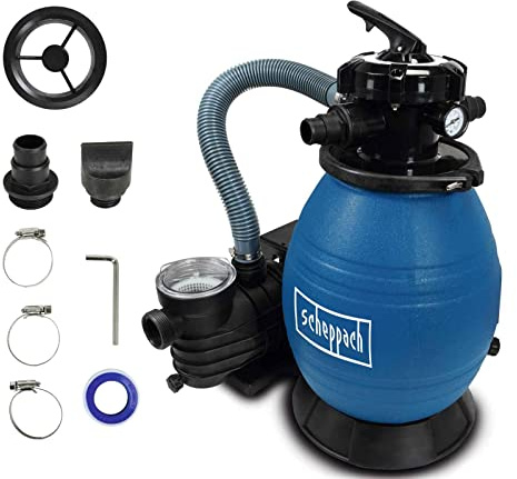 Scheppach Filtre à Sable pour Piscine PSFA26 | 400W | Pompe 5en1 | Débit de Filtration 13800L/h | De 4° à 43° | Vannes à 5 Voies: Filtration, vidange, fermé, Contre Lavage, rinçage
