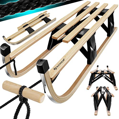 KESSER® Holzschlitten 110 cm Davoser Rodel Faltbar & Klappbar, Kinderschlitten; Premium Holz-Schlitten aus Buchenholz, Klappschlitten, Metall Kufen, Optional mit Lehne, Geschenk, Buche/Schwarz