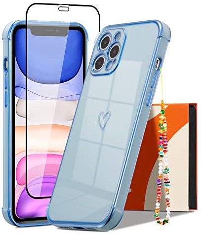 ZTOFERA for iPhone 14 Pro Case with [Wrist Strap] [Tempered Glass Screen Protector] for Girls Women, Flexible Silicone Phone Chain Case with Love Heart Pattern Gold Trim Shockproof Cover, Sierra Blue