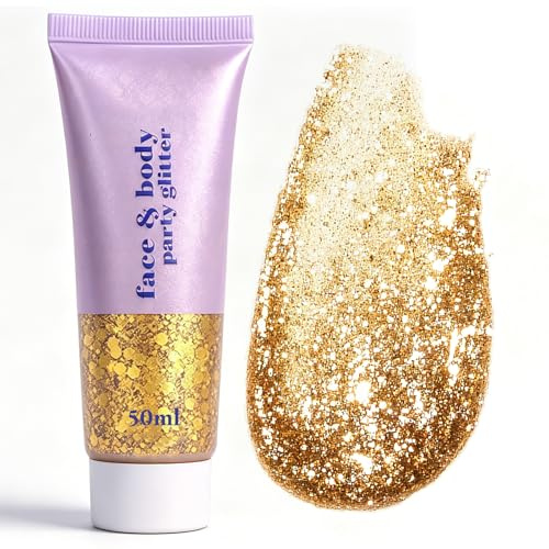 Glitter Gel Gold – glitzer gesicht Chunky Glitzer Gel & Flüssiger Lidschatten mit-Pailletten, Funkelnde Body Lotion für Gesicht, Haare, Lippen, Nägel & Körper