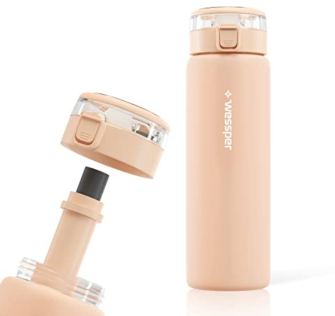 Wessper Botella Agua Cristal con Filtro Agua, 680ml - Beige | botella de agua con filtro carbon activado, sin BPA, botella agua para deportes, gimnasio, escuela y niños