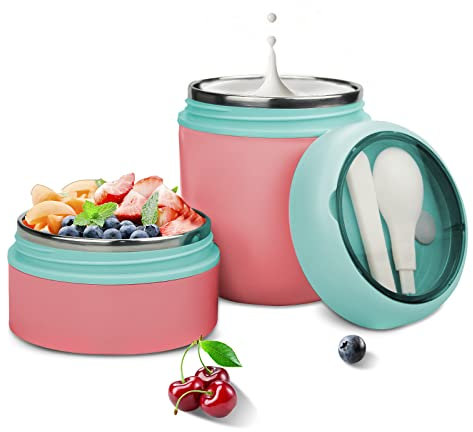Lunchpot Müslibecher to go – 710ml Praktischer Müslibecher, Joghurtbecher to go Becher Mit Löffel, Müsli to go Becher, Auslaufsichere Joghurtbecher (Rose Grün)