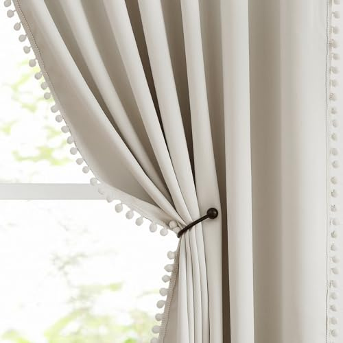Abstractex Pom Pom Ivory Blackout Curtains for Living Room 72-Inch Natural Beige Thermal Insulated Eyelet Room Darkening Curtain Panels for Bedroom Kitchen Kids Nursery 54 W 2 Panels Ring Top