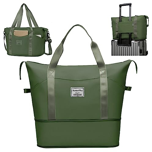 flintronic Reisetasche Damen, Faltbare Reisetasche, Sporttasche, Handgepäck Tasche, Wasserdicht Travel Bag Duffle Bag, Trainingstasche, Handtasche für Sport & Reisen-Armeegrün
