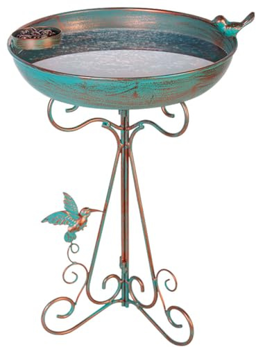 dreamysoul Vogeltränke, 30,5 cm Durchmesser, Schüssel, Metall-Vogeltränke mit Futterspender, Sockel, Vogeltränke für draußen, Garten, Terrasse, Hof (Bronze)