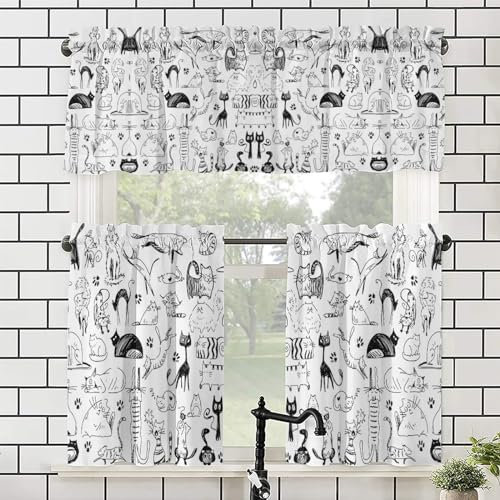 COALHO Verdunkelungsvorhänge mit niedlicher Katze, Querbehang, abstrakte schwarze und weiße Tierkatze, Küche, Heimdekoration, Fenstervorhänge, 1 Volant (348 x 114,3 cm) und 2 Etagen (140 x 60 cm)