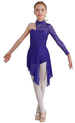 Runhomal Mädchen Spitze Tanzkleider Lyrical Ballettkleid Ballettkleidung Einteiler Turnanzug Gymnastik Jumpsuit Trikot Body mit Tutu Rock Tanzkleidung Violett 134-140