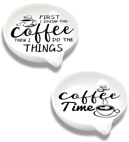 ORIGACH 2 Pcs Coffee Time Ceramic Spoon Rest White Spoon Holder for Counter | Porcelain Spoon Holders for Home Kitchen Countertop or Stove Top - Microwaves Oven Dishwasher Safe