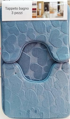 Corredocasa Set 3 Pezzi Tappetini da Bagno Antiscivolo in Memory Foam Morbidi e Assorbenti con Disegno Cuori – Tappeto Grande 2 Contorno WC – Vari Colori Eleganti per Arredo Bagno (Azzurro)