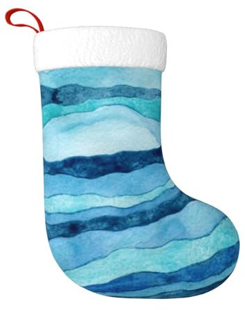 FROON Weihnachtsstrumpf, Plüsch, blaue Wellenstreifen, dekorativer Weihnachtsstrumpf, ideal für Geschenke und Geschenke, Weihnachtsstrumpfbeutel