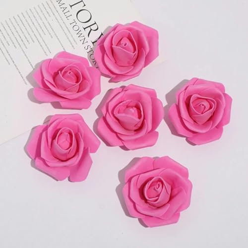 YOLNEY 100 Piezas PE Mini Espuma Cabeza de Rosa Falsa (6,5 cm/2,56 Pulgadas) l Rosa Hecha a Mano DIY Boda Ramo de Novia decoración del hogar Leche-Rosa roja-6,5 cm