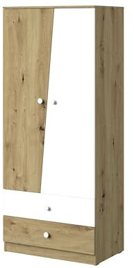 MINIO go for it - Kleiderschrank Nantes, 80x190x50 cm, Schrank mit 2 Türen, Garderobenschrank mit 2 Schubladen, Schrank Schlafzimmer mit 3 Einlegeböden, Kleiderschränke, Artisan Eiche/Weiss Matt