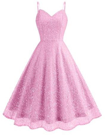Odizli Glitzerkleid Damen Pailettenkleid Sexy Glitzer Pailletten Spaghettiträger Swing Partykleid Rockabilly 50er Jahre Vintage Cocktailkleid Festliche Party Kurz Ballkleid Abendkleid Rosa M