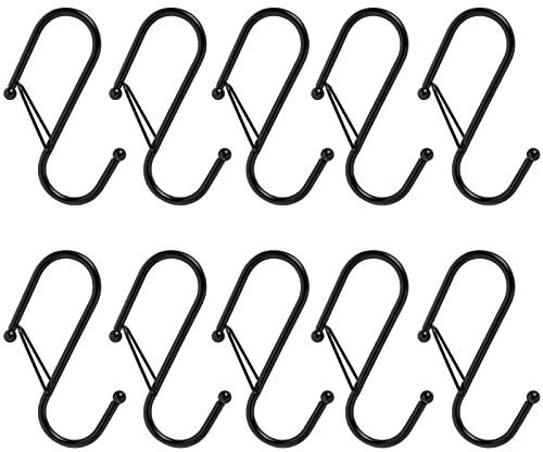 WAQIZCXZ 10 Pcs Metal S Shaped Hooks with Safety Buckle, 3.5 Inches, Anti-Slip S Hooks for Closet Rod, Butchers, Wardrobe Rail & Kitchen Utensil Hangers, Black