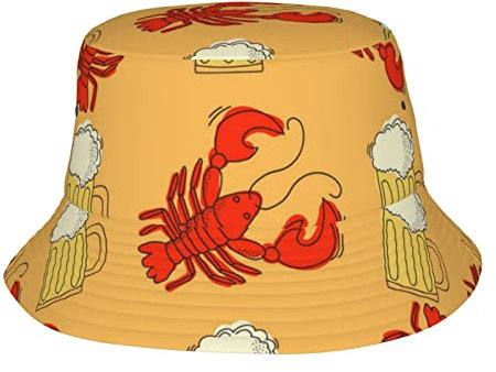 LAMAME Fischerhut mit amerikanischer Flagge, bedruckt, für den Außenbereich, Strand, Sonnenhut, lässige Kopfbedeckung, Bier- und Krebsmuster, 5-7