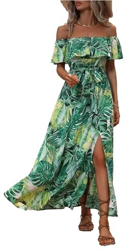 OULIWANGLUO Damen Schulterfrei Rüschen Lang Sommerkleid Sexy Sommer Bindegürtel Tunika Leinenkleid Blumen Druck Slim Elegant Casual Maxikleid (Grün,S)