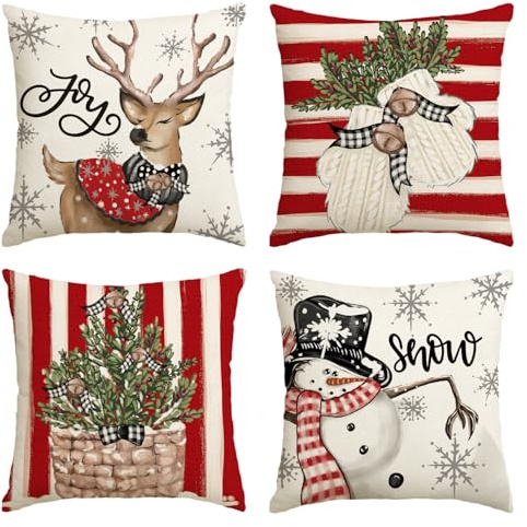 Artoid Mode Rot Streifen Schneemann Rentier Handschuhe Weihnachten Kissenbezüge 4er Set, 40x40 cm Christmas Zierkissenbezug Cushion Cover Couch Deko