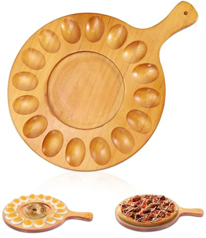 Huakaile 2-seitige Eierplatte und Charcuterie-Brett aus Holz, rundes Teufelei-Tablett, Schneiden von Käsebrett, Servierplatte, Behälter für Arbeitsplatte, Party (16 Fächer)