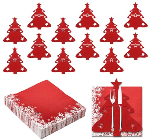 12 Stück Besteckhalter Weihnachten mit 40 Servietten für Tischdeko,Rot