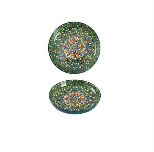 MYOLIO Speiseplatte, 7 Zoll Salat-Dessertteller Bunt Böhmischer Retro Vorspeisenteller Aus Porzellan Zum Mittagessen, 2 Stück(Jade Feather -7 inches)