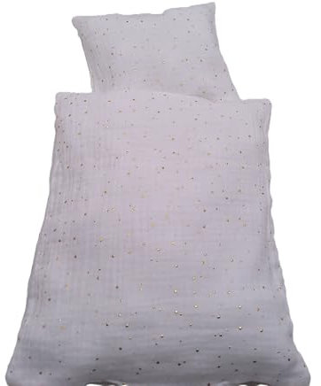 Musselin Baumwollbettwäsche für Puppen, weiß mit 3D Goldpünktchen, zwei Größen (klein 27b x 33 h)