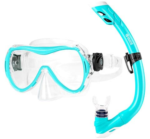 OutdoorMaster Marlin Kinder Schnorchel Set, Verstellbarer Riemen Dry Top Tauchmaske, Anti-Fog Schnorchel Maske, Kinder Schwimmbrille für Jungen und Mädchen, Alter 6-14, Blau
