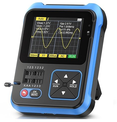 POOIQX Osciloscopio 3 en 1 Generador de señal de osciloscopio de Mano y probador de transistores 500Khz Ancho de Banda 10MSa/-s,Análisis Profesional(A)
